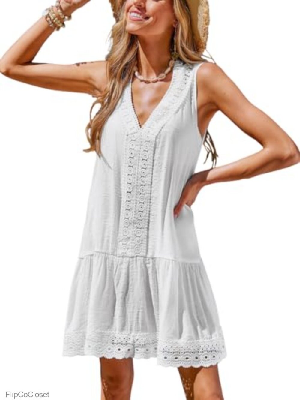 Lace Swim Coverup Dress Sleeveless V Neck Ruffle Beach Vacation